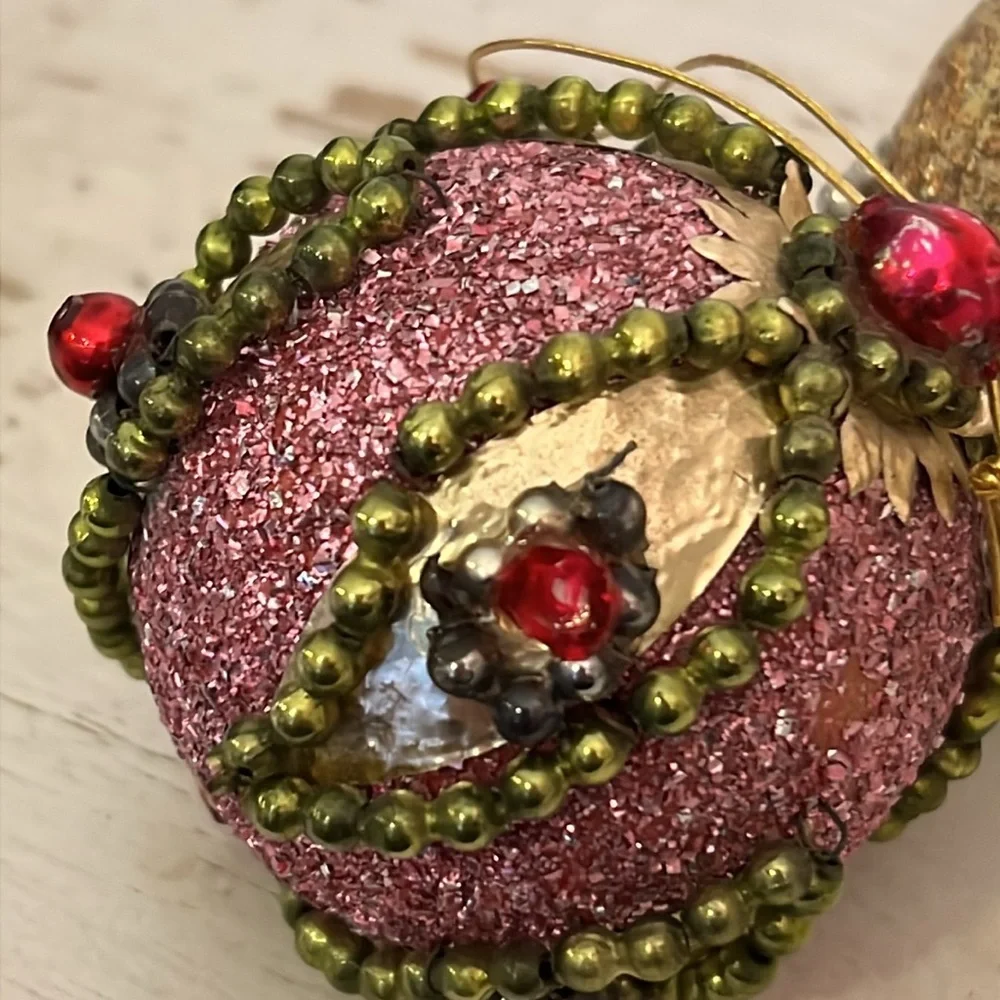 Vintage Mercury glass Beaded Sequined Christmas Ornaments Set balls